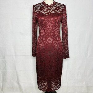 Stanzino Full-Lace Overlay Dress Long-Sleeve Maroon Red Womens Size M